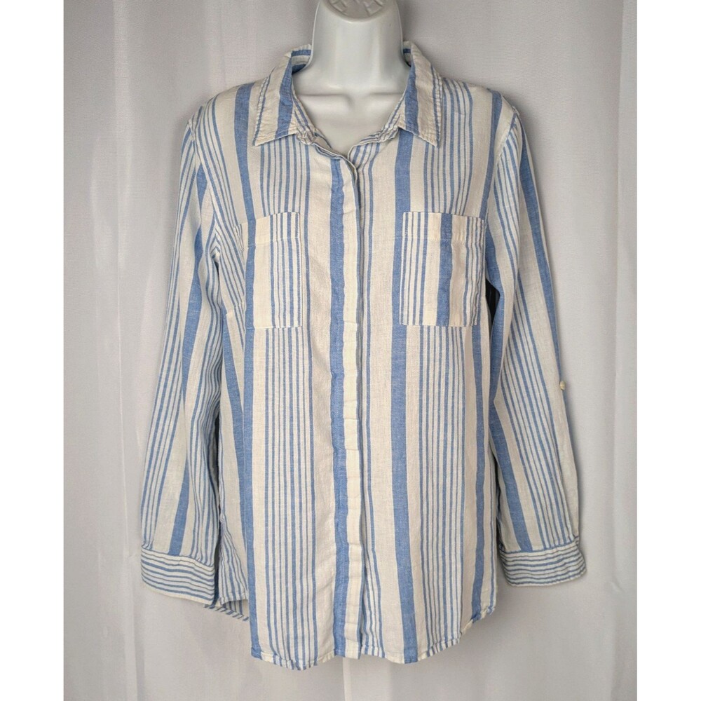 Per Se Blue/White Striped Linen Blend Button Up Roll Tab Sleeve Shirt Size Large